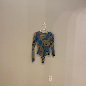Orange Mesh Abstract Print Long Sleeve Bodysuit